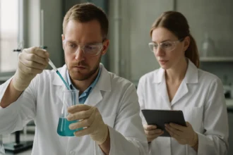 Két kutató laboratóriumban, galvanoplasztikai kísérletet végeznek.