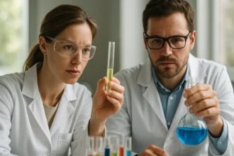 Két tudós laboratóriumban gamma-ciklodextrin kísérletet végez.