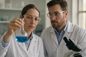 Két kutató laboratóriumi vizsgálatot végez bioszervetlen kémia területén.