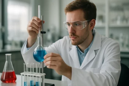 Kémikus laborban, benzotriazol kísérleti elemzése közben.