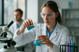 Kísérletező tudós gamma-terpinen vizsgálatán laborban.