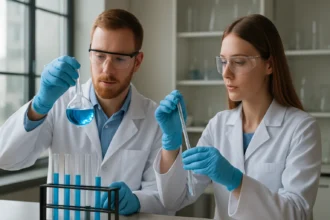 Két laboráns kémiai kísérletet végez az elkészített folyadékokkal.