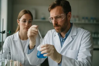 Két kutató laboratóriumi munkát végez a gázkorom kémiai elemzésén.