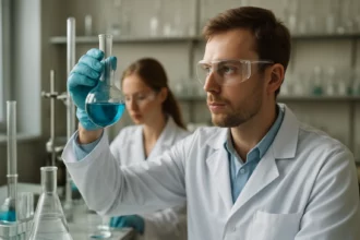 Kémiai laboratóriumban dolgozó tudósok desztillációs kísérletet végeznek.