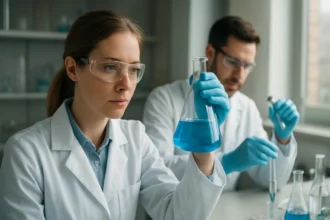 Kémikusok dolgoznak a gentianibolya vizsgálatán laboratóriumban.