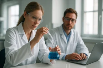 Két laboratóriumi kutató kísérletet végez egy laboratóriumban.