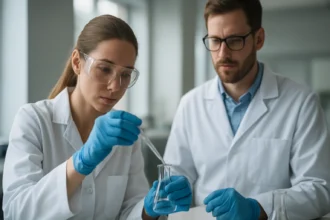 Két kutató laboratóriumban, geozmin szerves vegyület vizsgálata