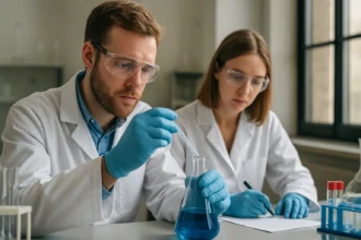 Laboratóriumi kísérletet végző szakemberek német hasadású ásványokkal foglalkoznak.