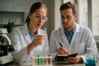 Két kutató laboratóriumban, germánium kísérleteket végezve.