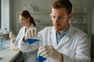 Laboratóriumi kísérletezés kék folyadékokkal Bunsen-égéssel