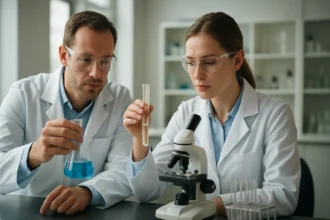 Két kutató kémiai kísérletet végez, glioxál vizsgálata