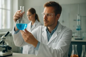 Laboratóriumi kísérlet kémikusokkal és kék oldattal