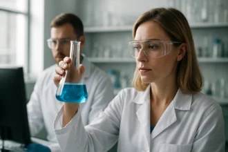 Kémiai kísérlet D-glükopiranóz elemzésével laboratóriumban.