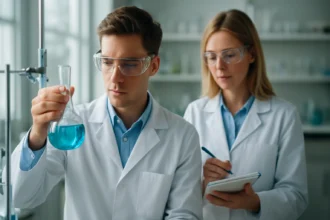 Két fiatal tudós laboratóriumban, kémiai kísérletet végezve.