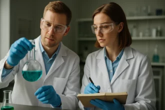 Két tudós laboratóriumban burgonyacukor kutatás közben.