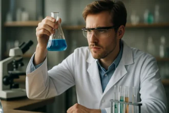 Kémikus laboratóriumban kék folyadékot vizsgál, gőzmetán reformálás.