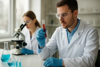 Laboratóriumi kutatók grafén-oxid kísérletezés közben