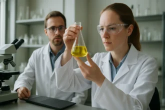 Két tudós grafit vegyületek elemzése laboratóriumban