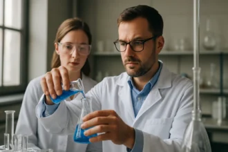 Kémiai kísérlet grafitos vegyületekkel laboratóriumban.