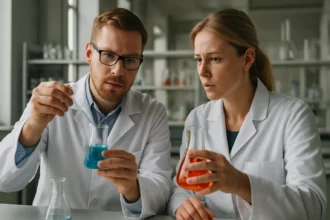 Két tudós laboratóriumban kémiai kísérletet végez