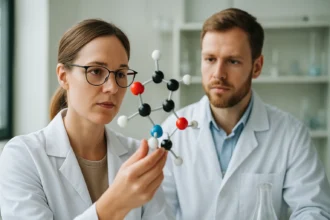 Kémikusok grammolekulát vizsgálnak laboratóriumban