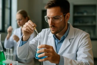 Laboratóriumi kémikus kísérletezik Grätzel-cellákhoz szükséges anyagokkal.