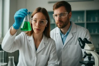 Két tudós laboratóriumi kísérletet végez zöld folyadékkal.