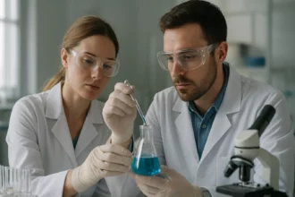 Két tudós laboratóriumban, butadién és műgumi kísérletezés közben.