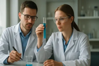 Két kutató a guanidin kémiai vizsgálatán dolgozik laboratóriumban