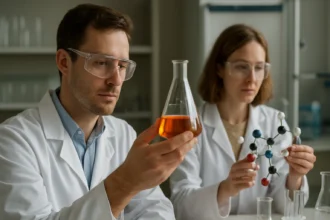 Kutatók laboratóriumban a guanidiniumion kémiai szerkezetével foglalkoznak.