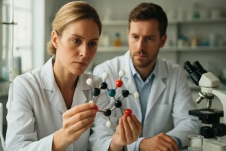 Két tudós laboratóriumban, akik guár enyv molekulát tanulmányoznak.