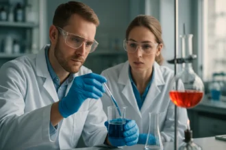 Két kutató laboratóriumban, gumigyanta vizsgálat közben.