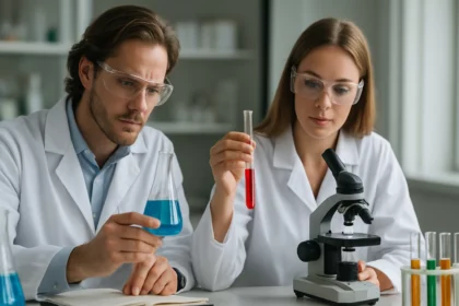 Két tudós laboratóriumi kísérletet végez kémiai anyagokkal.