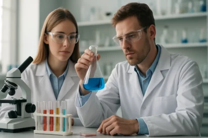 Két tudós laboratóriumi kísérlet közben 2,3-bután-dionnal