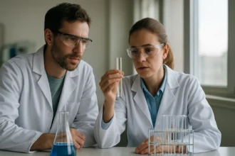 Két tudós laboratóriumi kísérletet végez bután-2-ollal.