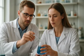 Két kutató laboratóriumi kísérletet végez. Butánsav analízis.