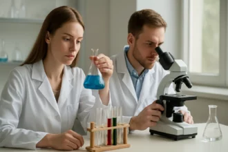 Két kutató laboratóriumban, akik butén vizsgálatán dolgoznak.