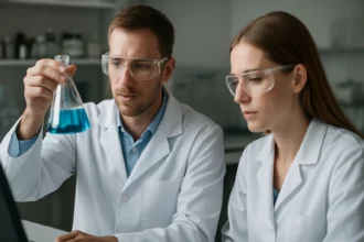 Két kutató laboratóriumban, kék oldatot vizsgálnak.