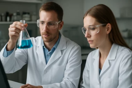 Két kutató laboratóriumban, kék oldatot vizsgálnak.