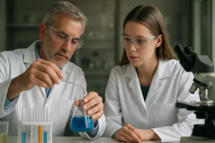 Két tudós kémiai kísérletet végez laboratóriumi környezetben.