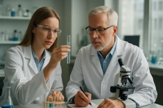 Két tudós kémiai kísérletet végez a laboratóriumban.