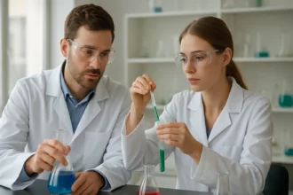 Két tudós laboratóriumban butil-acetát és hexánsav kémiai elemzése közben.