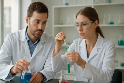 Két tudós laboratóriumban butil-acetát és hexánsav kémiai elemzése közben.