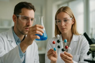 Két tudós butil-etanoát molekulát és kék folyadékot vizsgál.