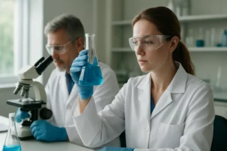 Két tudós laboratóriumban kék folyadékot vizsgál.