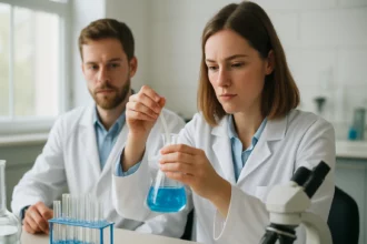 Két tudós kémiai kísérletet végez laboratóriumban.