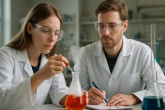 Két tudós szénszál-erősítésű polimereket vizsgál laboratóriumban.