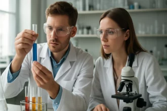 Két kémikus laboratóriumban kísérletezik színanyagokkal