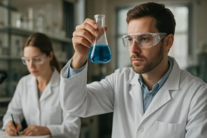 Két tudós laboratóriumban, az egyik kék folyadékot tart egy kémcsőben.
