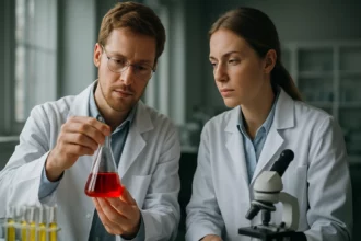 Két tudós laboratóriumban karob enyv vizsgálata